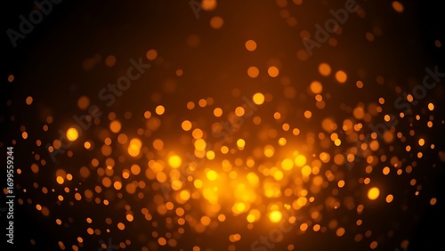 Golden light particles floating in darkness, creating a warm and magical atmosphere.