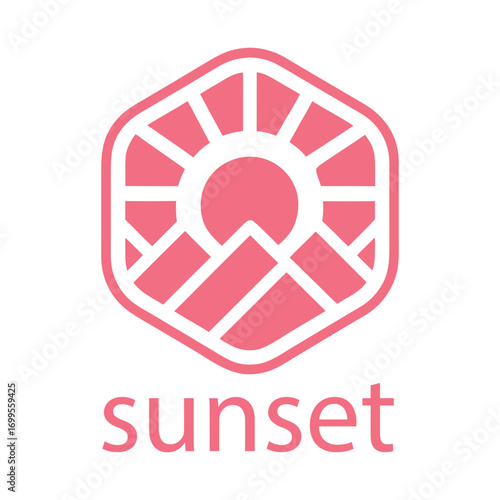 Pink hexagonal sun and mountain logo with word sunset peak nature