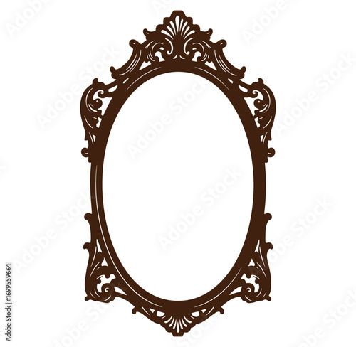 Decorative oval mirror frame with intricate details isolated on a white background