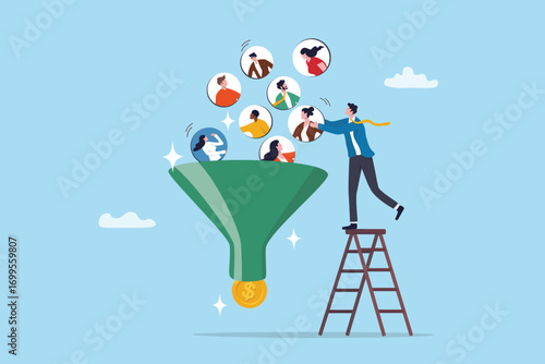 Customer acquisition, marketing funnel or lead generation, influencer draw customer, audience or consumer to buy product, traffic optimization, businessman put customer people into marketing funnel.