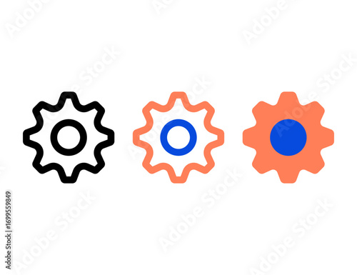 Three stylized gear icons in black coral and blue color variations