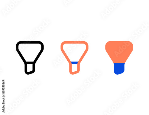 Three stylized funnel icons in black orange and blue