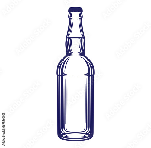 Detailed blue ink vector illustration of a beer bottle on a clean white background