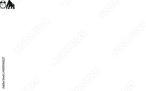 Strong gorilla standing beside classic alarm clock, black and white vector illustration symbolizing time management, power, focus, and punctual behavior