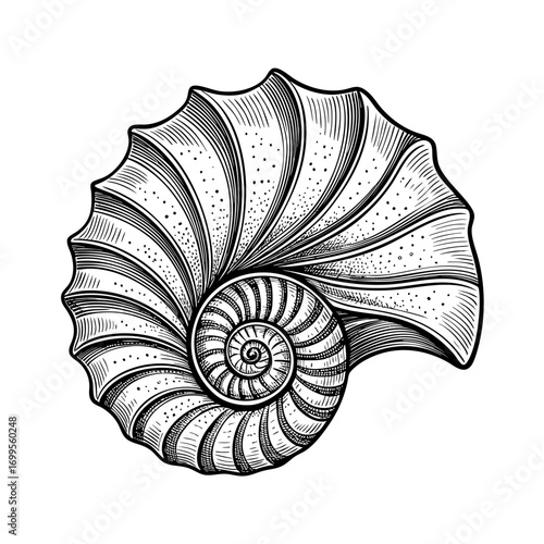 Hand Drawn Engraved Spiral Seashell Vector Illustration in Black and White