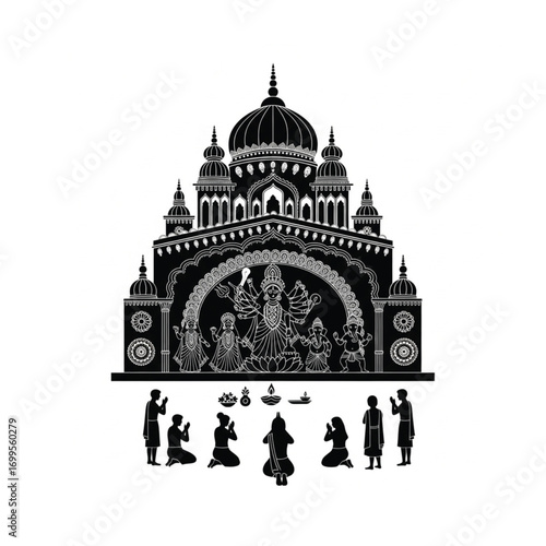 Intricate black and white illustration of a grand temple with worshippers