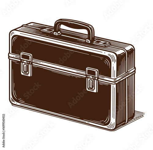 Detailed hand drawn vintage tool case or briefcase illustration in brown color