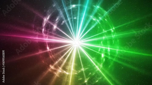 A vibrant disco ball light effect for a party or music event. Rotating rainbow laser beams and shining rays create a fun, retro 70s atmosphere. A seamless loop VJ background.