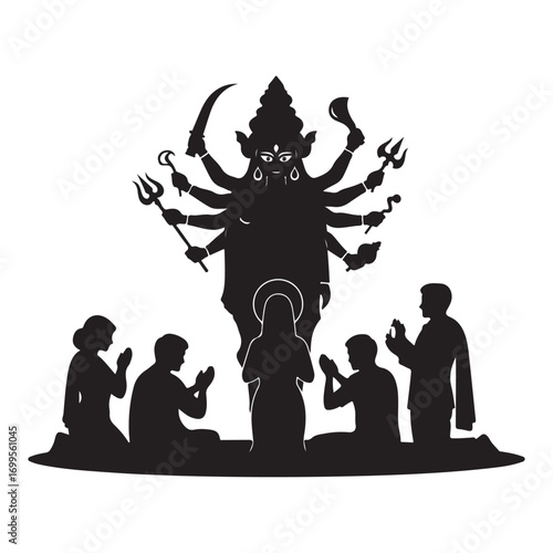 Silhouette of devotees praying to goddess durga in a devotional ritual