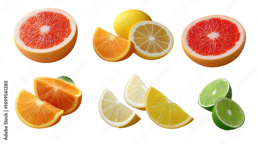 Obraz premium Vibrant Citrus Symphony: An assortment of colorful citrus fruits, including grapefruit, lemon, lime, and mandarin orange, artfully arranged and capturing the essence of freshness.