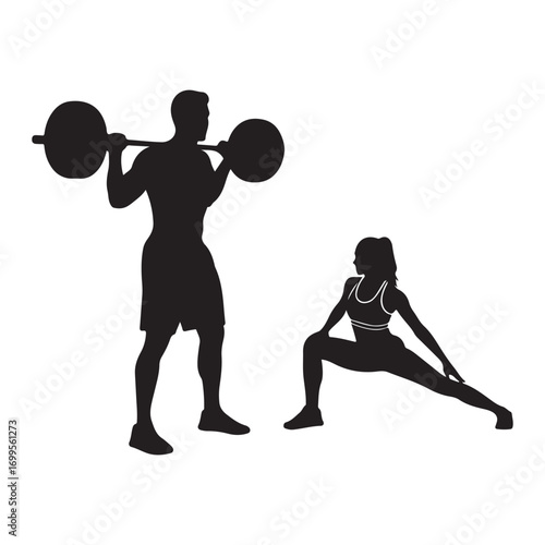 Silhouettes of a man lifting weights and a woman stretching in a gym