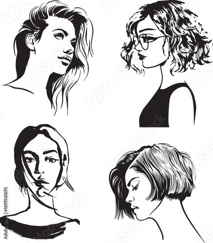 Illustration of business hairstyle with natural long hair. Hand-drawn idea for gretting card, poster, flyers, web, print for t-shirt. hair style
