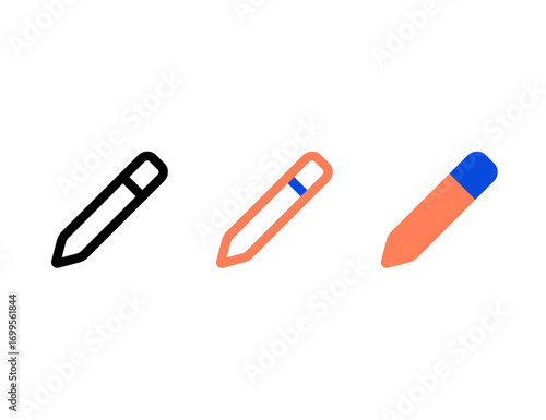 Three stylized pencil icons with different color schemes and line weights