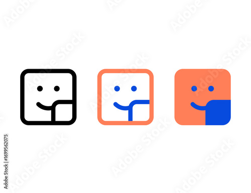 Three stylized square icons with smiling faces and abstract elements