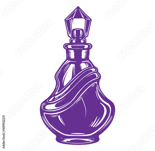 Elegant purple perfume bottle illustration with detailed line art and decorative crystal stopper