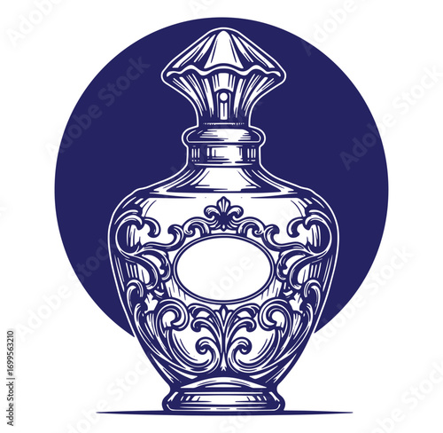 Elegant vintage perfume bottle design with intricate ornate floral decorative elements