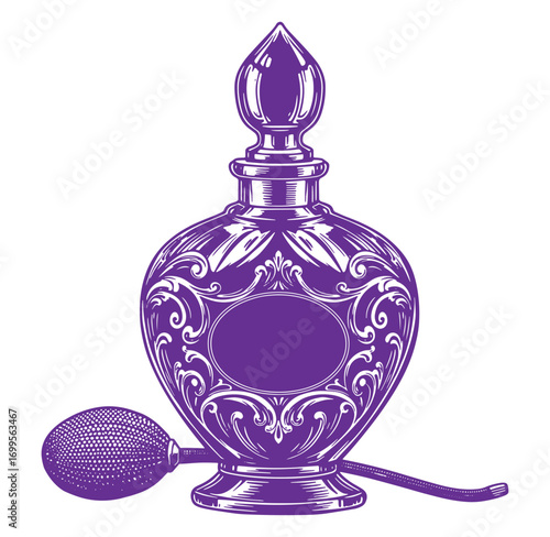 Elegant vintage perfume bottle vector illustration with ornate designs in purple color