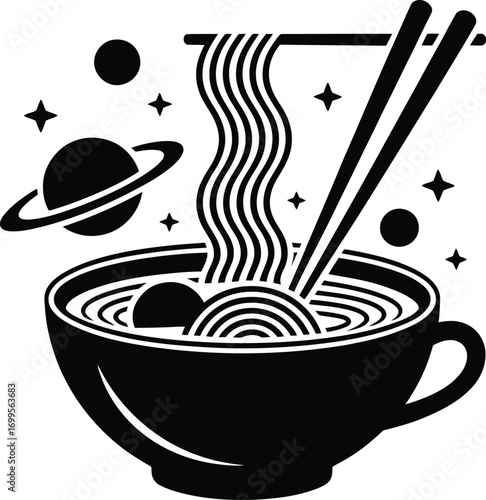 Cosmic ramen bowl with floating planets silhouette