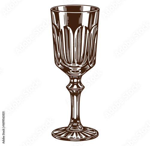 Engraved illustration of a decorative vintage wine glass with an elegant stem and base