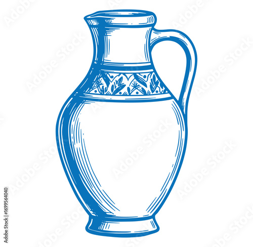 Hand drawn illustration of a blue pitcher with ornate detailing on a white background
