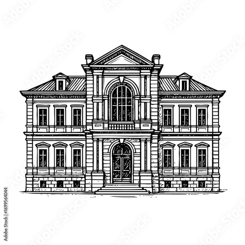 Hand Drawn Engraved Classic European Building Vector Illustration in Black and White