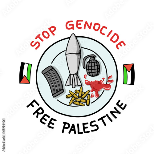 Free Palestine, Stop Genocide, Support Palestinian. Dishes on plates with RPG missiles, bullets, grenade and blood, famine disaster vector illustration.