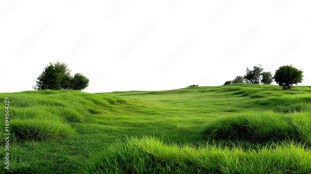 Obraz premium Green Meadow Panorama: Capture the beauty of a lush green meadow under a bright sky. The undulating terrain is covered in vibrant grass, with a few scattered trees adding depth to the landscape.