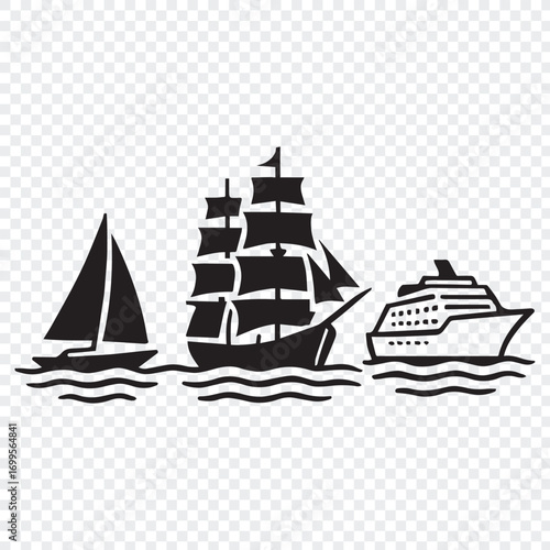 Boat Silhouette Trio – Sailboat, Tall Ship, and Cruise Liner Vector Icons and boat silhouettes, ship icons, sailboat vector, tall ship illustration, cruise liner graphic, maritime transport, 