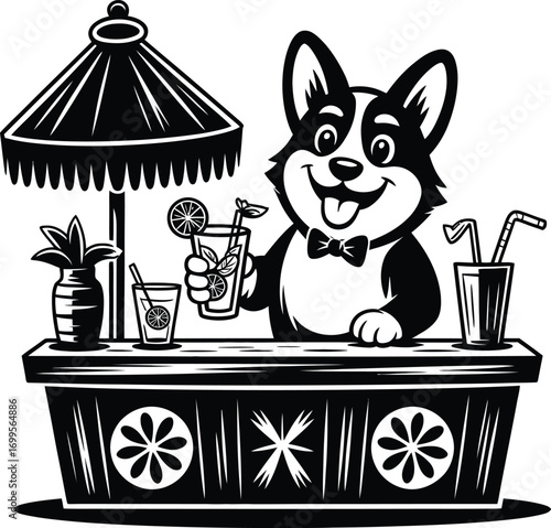 Happy corgi character serving tropical drinks with a fun silhouette