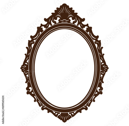 Ornate oval mirror frame in brown vector design isolated on white background