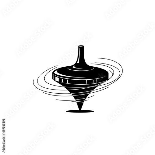 a stylized, black-and-white drawing of a spinning top. 