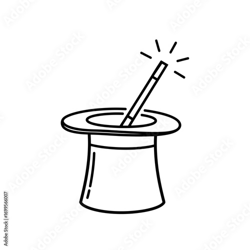  a black and white line drawing of a magician's top hat with a magic wand emerging from it. 