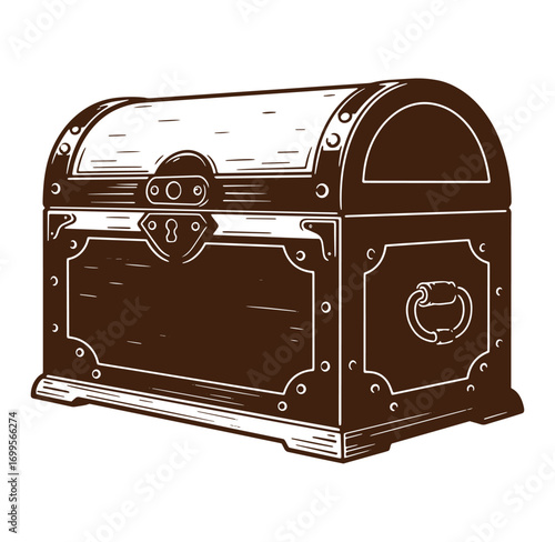 Vector illustration of a treasure chest in vintage style with metal hardware and aged appearance