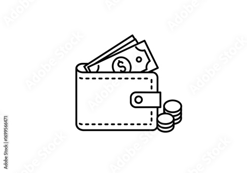 Thin line icon of a wallet filled with dollar bills and stacked coins, symbolizing personal finance, budgeting, and financial security