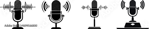 Four stylized microphones are displayed, representing sound waves, audio recording, and communication technology.