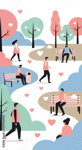 Diverse people enjoying a sunny day in a park with trees and scattered hearts symbolizing love