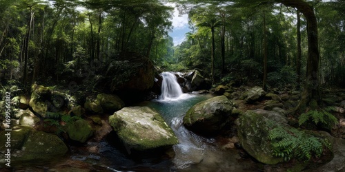 Waterfall adventure in lush forest hdr panoramic nature landscape tranquil environment aerial view of serenity