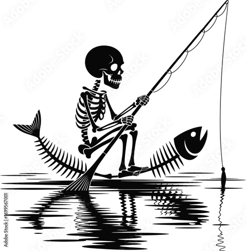 Skeleton angler aboard a ghostly boneship silhouette