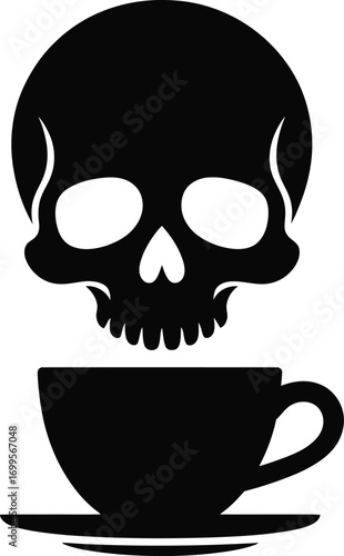 Dark skull silhouette resting on a coffee cup silhouette