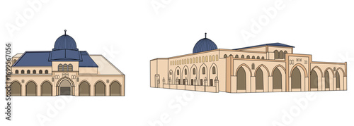 Masjid Al Aqsa Mosque Jerusalem Palestine Arabic, Middle east historical Islamic architecture vector illustration 