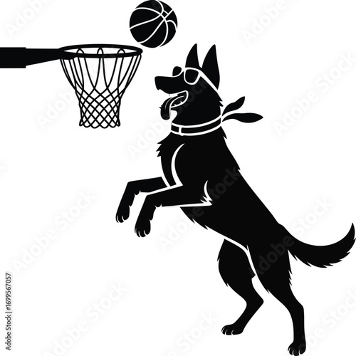 Artistic silhouette of a skilled dog dunking a basketball with dynamic motion