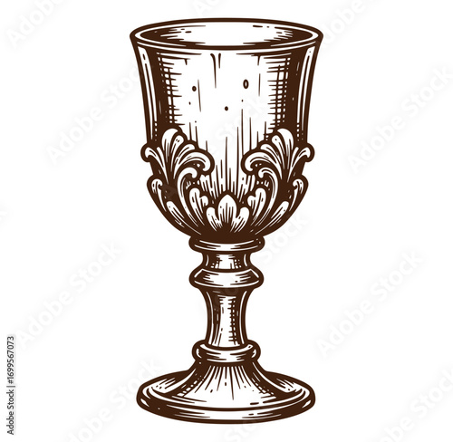 Vintage hand drawn engraved chalice design depicting elegant floral ornamentation and decorative details
