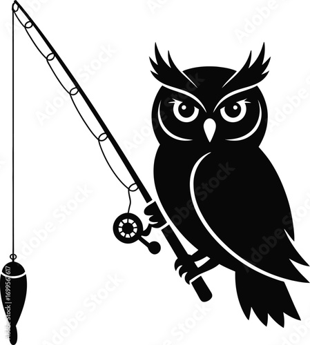 Wise owl casts his fishing line silhouette against a serene backdrop