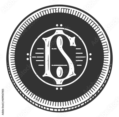 Vintage style illustration of an ornate letter s within a detailed circular design