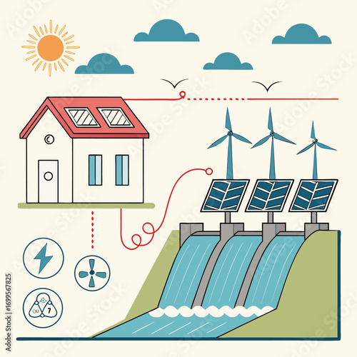 Eco-Friendly Home: The illustration showcases a sustainable and eco-friendly home powered by a harmonious blend of renewable energy sources.