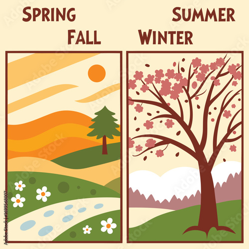 Seasons of the Year: Illustrative depiction of Spring, Summer, Fall, and Winter scenes, evoking a sense of time, change, and natural beauty.