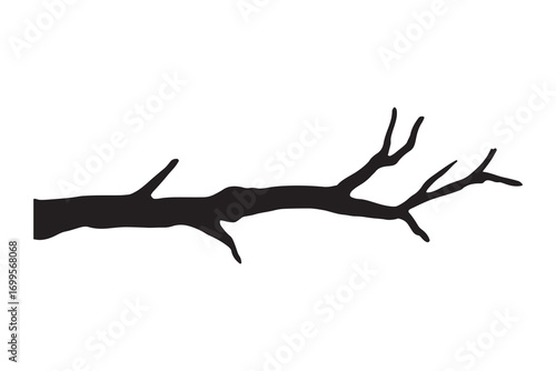 Black and white silhouette of a stark, gnarled tree branch isolated on white background.