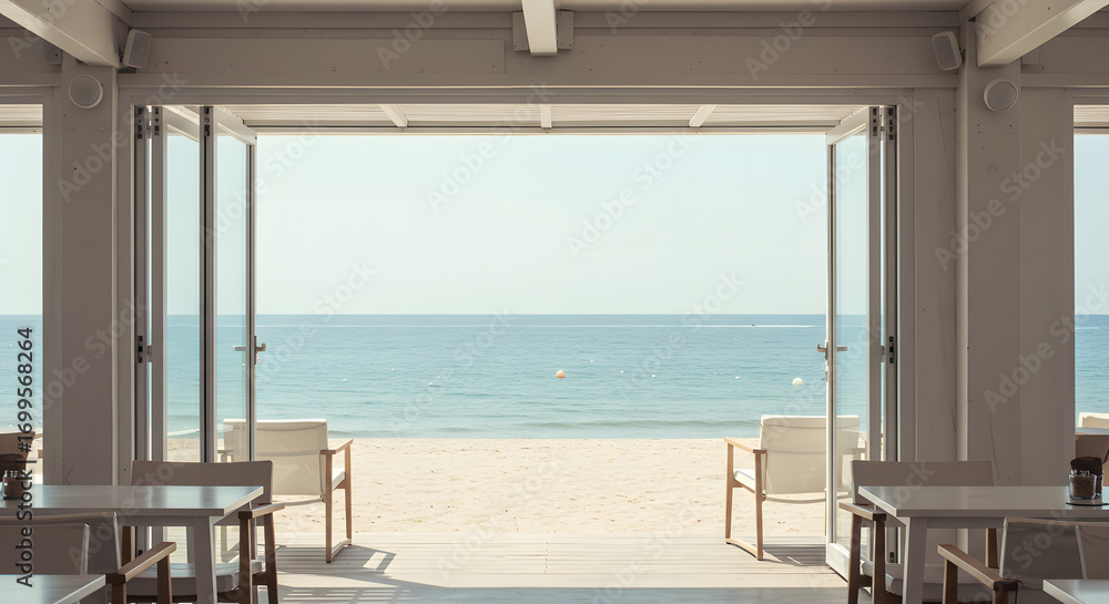 Fototapeta premium Modern Beachfront Restaurant Interior with Ocean View through Open Doors