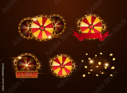 Set of Fantasy Luxury Golden Spinning Wheel of Fortune — Game Style Slot and Casino Prize Spin Design for UI and Digital Assets