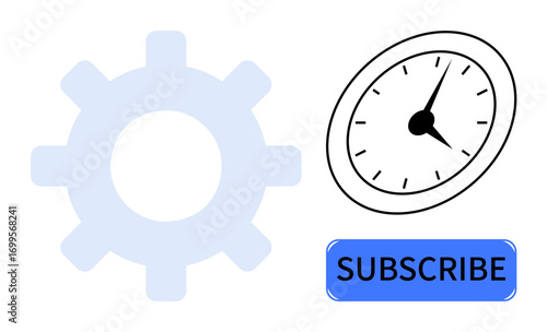 Gear icon, clock face with pointed hands, and subscribe button in blue. Ideal for efficiency, automation, productivity, reminders, process optimization, digital subscriptions technology concepts